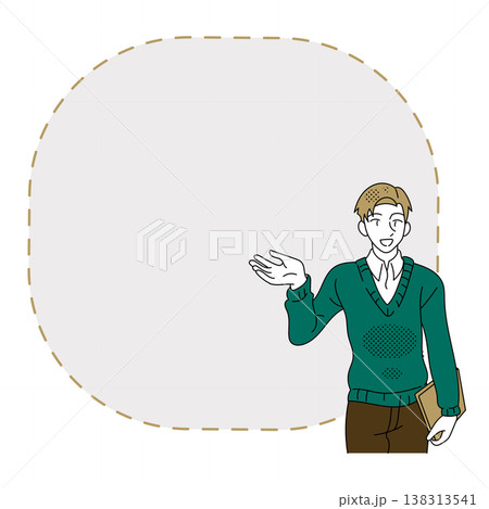 説明や案内をするカジュアルなビジネスマンのフレームイラストコピースペース付き 138313541