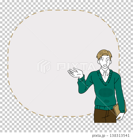 説明や案内をするカジュアルなビジネスマンのフレームイラストコピースペース付き 138313541