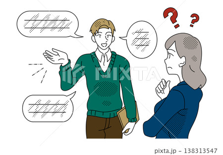 男女の同僚間で説明が理解できない言語の違いによるコミュニケーション失敗のビジネスイラスト 138313547