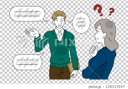 男女の同僚間で説明が理解できない言語の違いによるコミュニケーション失敗のビジネスイラスト 138313547