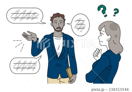 男女の同僚間で言語の違いにより説明が伝わらないコミュニケーション問題のビジネスイラスト 138313548