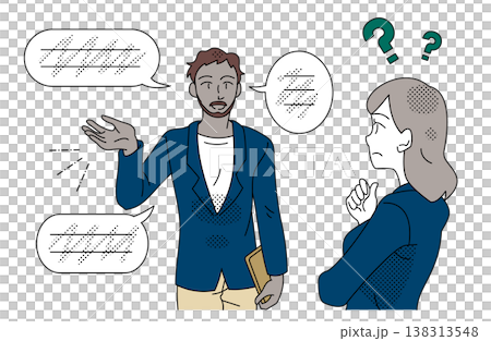 男女の同僚間で言語の違いにより説明が伝わらないコミュニケーション問題のビジネスイラスト 138313548