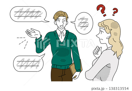 男女の同僚間で説明が伝わらないコミュニケーション不足による誤解のビジネスイラスト 138313554