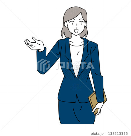 手振りで説明や案内をするビジネスウーマンのプレゼンイラスト 138313556