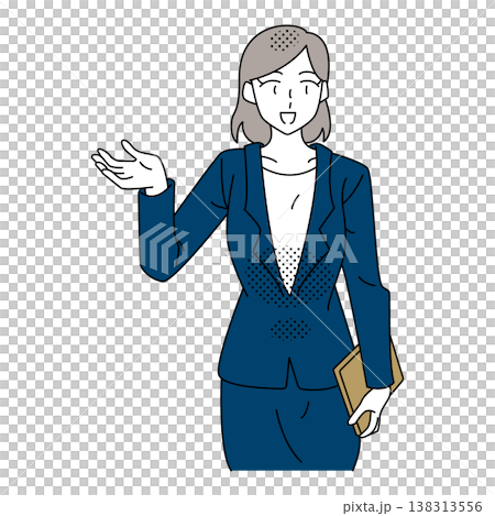 手振りで説明や案内をするビジネスウーマンのプレゼンイラスト 138313556