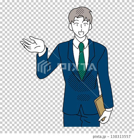 手振りで説明や案内をするビジネスマンのプレゼンイラスト 手振りで説明や案内をするビジネスマンのプレゼンイラスト 138313557