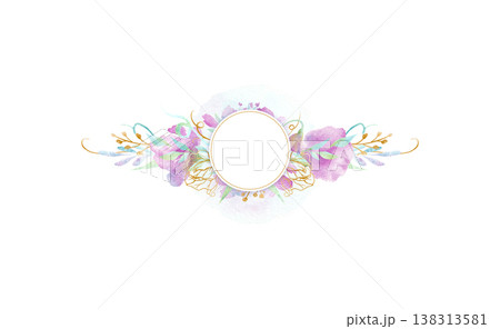 A horizontal floral arrangement with a circular text field. Illustration for a card, wedding, or birthday invitation. 138313581