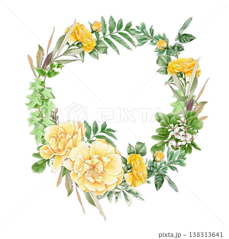 Watercolor illustration of a wreath of delicate roses and other flowers on a white background, hand-drawn. Watercolor illustration of a wreath of delicate roses and other flowers on a white background, hand-drawn. 138313641