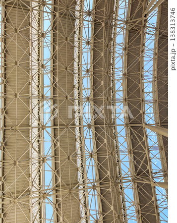 Geometric metal roof structure with skylights viewed from below. Geometric metal roof structure with skylights viewed from below. 138313746