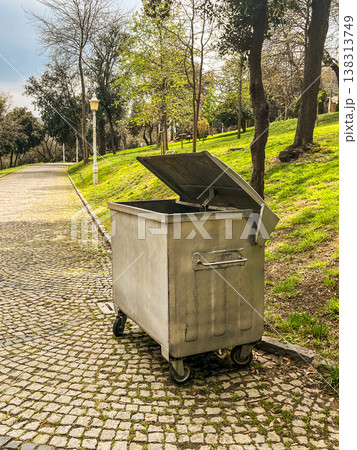 Open metal dumpster on park pathway under trees in bright daylight. Open metal dumpster on park pathway under trees in bright daylight. 138313749