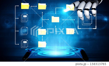 Digital Organization System with Robotic Hand Sorting Files on Tablet Screen in Futuristic Technology Environment Gluon 138313765