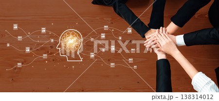 Diverse Hands Collaborating Over a Wooden Table with AI Brain Concept Representation Symbolizing Teamwork and Technology Integration in Business Strategy Trope Diverse Hands Collaborating Over a Wooden Table with AI Brain Concept Representation Symbolizing Teamwork and Technology Integration in Business Strategy Trope 138314012