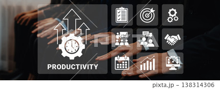 Hands of business professionals collaborating on productivity concepts with visual icons representing goals, teamwork, and efficiency strategies for success Ledger 138314306