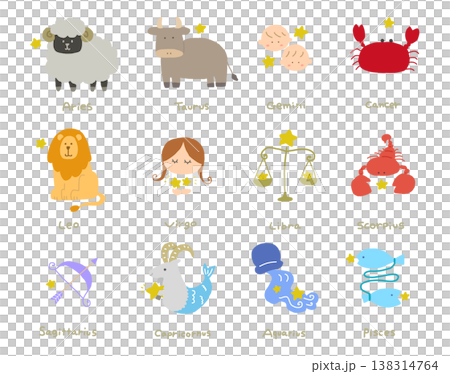 カラフルでゆるい12星座の一覧イラスト 138314764