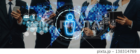 Business professionals working together with digital interface, technology innovation, and data exchange concept for modern corporate collaboration Trope Business professionals working together with digital interface, technology innovation, and data exchange concept for modern corporate collaboration Trope 138314769