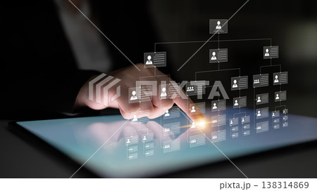 Digital Interaction with Virtual Employee Hierarchy, Touching Screen Display with Organizational Chart Representation in Business Environment Ledger Digital Interaction with Virtual Employee Hierarchy, Touching Screen Display with Organizational Chart Representation in Business Environment Ledger 138314869
