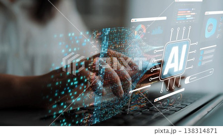 Hands interact with a laptop displaying a digital dashboard of artificial intelligence metrics, showcasing innovation and technology in the modern world. Sigmoid 138314871