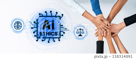 Diverse Hands Together Symbolizing Collaboration and Teamwork in Artificial Intelligence Ethics with Technology Elements and Legal Symbols Trope 138314891