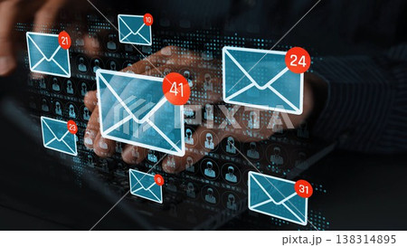 A digital representation of email communication featuring icons and notification badges, highlighting engagement and interaction through technology and messaging. Sigmoid A digital representation of email communication featuring icons and notification badges, highlighting engagement and interaction through technology and messaging. Sigmoid 138314895