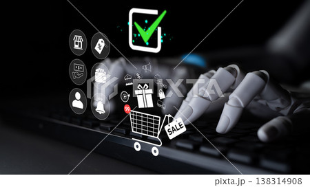 Futuristic Robotic Hand Interacting with Online Shopping Icons and Cart Displaying Sale and Checkmark on Modern Keyboard Quark Futuristic Robotic Hand Interacting with Online Shopping Icons and Cart Displaying Sale and Checkmark on Modern Keyboard Quark 138314908
