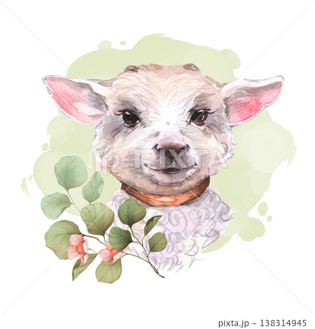 Cute watercolor lamb with pink flowers and light green background 138314945