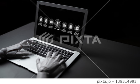Robotic Hand Typing on Laptop with Digital Interface Icons Representing Technology and Innovation in a Modern Workspace Environment Ledger Robotic Hand Typing on Laptop with Digital Interface Icons Representing Technology and Innovation in a Modern Workspace Environment Ledger 138314993