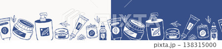 Seamless Border with Night Skincare Natural Organic Cosmetics Set. Blue Indigo Wellness Beauty Products. Isolated hand-drawn Doodle Horizontal Background. Outline Template. Vector illustration Seamless Border with Night Skincare Natural Organic Cosmetics Set. Blue Indigo Wellness Beauty Products. Isolated hand-drawn Doodle Horizontal Background. Outline Template. Vector illustration 138315000