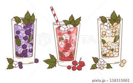 Currant Cocktail Trio. Set Refreshing Drinks with Black, Red, and White Berries in Highball Glasses. Fresh Isolated Summer Lemonade with Berry, Ice Cubes and Mint Leaves. Vector Illustration Currant Cocktail Trio. Set Refreshing Drinks with Black, Red, and White Berries in Highball Glasses. Fresh Isolated Summer Lemonade with Berry, Ice Cubes and Mint Leaves. Vector Illustration 138315001