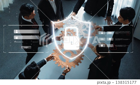 Team Collaboration on Digital Security Concept with Innovative Technology and Lock Symbol Over Gear Shapes in Modern Office Setting. Raster Team Collaboration on Digital Security Concept with Innovative Technology and Lock Symbol Over Gear Shapes in Modern Office Setting. Raster 138315177