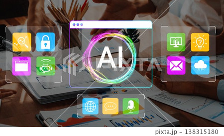 Abstract digital representation of artificial intelligence concept showcasing various icons and symbols related to technology, data, and innovation in a modern workspace Gluon Abstract digital representation of artificial intelligence concept showcasing various icons and symbols related to technology, data, and innovation in a modern workspace Gluon 138315180
