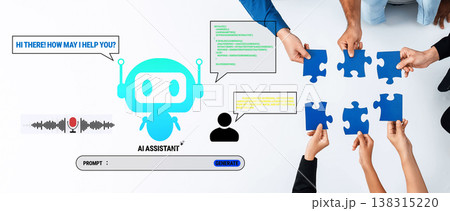 Hands Collaborating Around Puzzle Pieces with AI Assistant Graphic Displaying Digital Communication and Problem Solving Quark Hands Collaborating Around Puzzle Pieces with AI Assistant Graphic Displaying Digital Communication and Problem Solving Quark 138315220