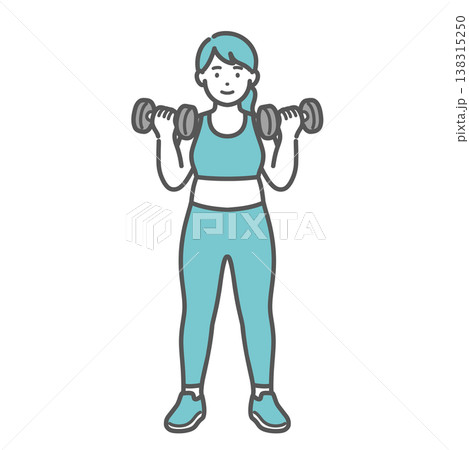 笑顔でダンベルトレーニングをするぽっちゃり体型の女性のイラスト 138315250