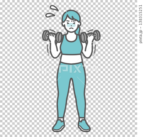 辛そうにダンベルトレーニングをするぽっちゃり体型の女性のイラスト 138315251
