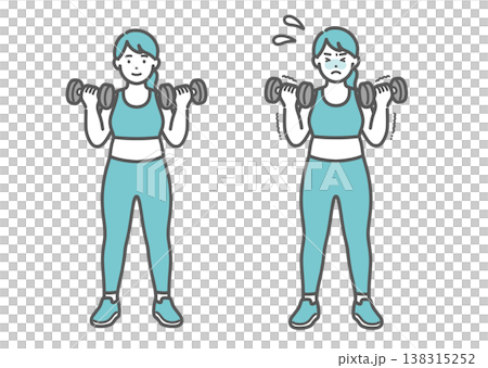 ダンベルトレーニングをするぽっちゃり女性の笑顔と辛そうな表情の比較セットイラスト 138315252