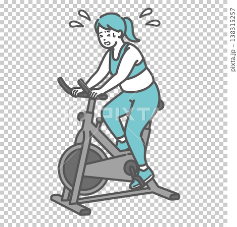 一幅插圖,描繪了一位身材豐滿的女士努力踩動健身自行車(運動自行車)。 一幅插圖,描繪了一位身材豐滿的女士努力踩動健身自行車(運動自行車)。 138315257
