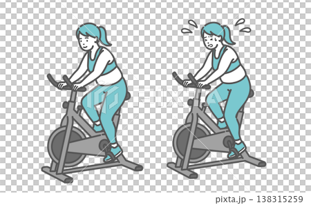 A set of illustrations comparing a chubby woman riding a fitness bike (with a smiling face and a pained expression). 138315259