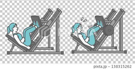 A set of illustrations comparing the smiling and struggling expressions of a chubby woman training on a leg press machine. A set of illustrations comparing the smiling and struggling expressions of a chubby woman training on a leg press machine. 138315262