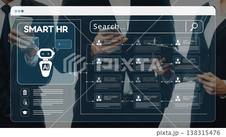 Professional Team Utilizing Smart HR Technology and AI Tools for Effective Recruitment and Data Management in Modern Business Environment. Raster 138315476