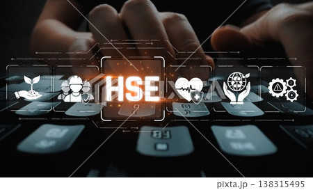 Hands on a keyboard with health, safety, and environment icons surrounding it, symbolizing the importance of workplace safety and compliance in modern business practices. Sigmoid Hands on a keyboard with health, safety, and environment icons surrounding it, symbolizing the importance of workplace safety and compliance in modern business practices. Sigmoid 138315495