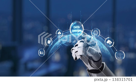 Futuristic robotic hand interacting with data-driven technology interface showcasing icons of artificial intelligence, analytics, and digital transformation Synapse 138315701