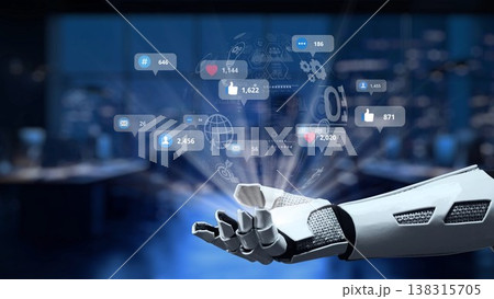 Futuristic Robot Hand Displaying Social Media Engagement Metrics and Digital Communication Icons in a High-Tech Environment Synapse Futuristic Robot Hand Displaying Social Media Engagement Metrics and Digital Communication Icons in a High-Tech Environment Synapse 138315705