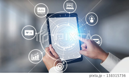 Marketing online strategy with digital advertising, PPC, social media and SEO icons Gist Marketing online strategy with digital advertising, PPC, social media and SEO icons Gist 138315736