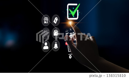 Hand Reaching Out to Digital Touchscreen Icons Representing E-commerce, Retail, and Online Shopping with Check Mark Indicator for Approval Concept Quark Hand Reaching Out to Digital Touchscreen Icons Representing E-commerce, Retail, and Online Shopping with Check Mark Indicator for Approval Concept Quark 138315810