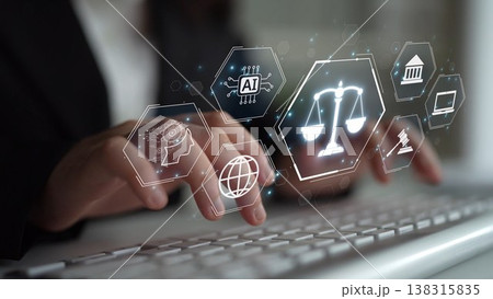 Digital law interface displaying justice scale, highlighting digital law Muxer Digital law interface displaying justice scale, highlighting digital law Muxer 138315835