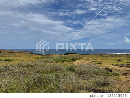 イースター島 アフ・テピトクラの遠景と海岸風景 138315936