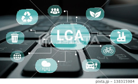 Life Cycle Assessment Concept with Icons Representing Sustainability, Recycling, Environment, and Technology on a Laptop Keyboard Gluon 138315984