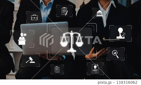 Legal Professionals Engaged in Digital Technology with Icon Overlay Depicting Justice System and Legal Process in a Modern Office Environment. Raster Legal Professionals Engaged in Digital Technology with Icon Overlay Depicting Justice System and Legal Process in a Modern Office Environment. Raster 138316062
