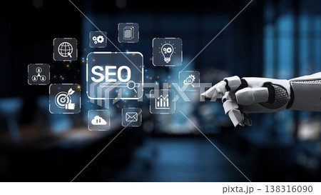 Futuristic robotic hand interacting with digital SEO icons in a modern office environment, showcasing technology and innovation in digital marketing strategies Synapse Futuristic robotic hand interacting with digital SEO icons in a modern office environment, showcasing technology and innovation in digital marketing strategies Synapse 138316090