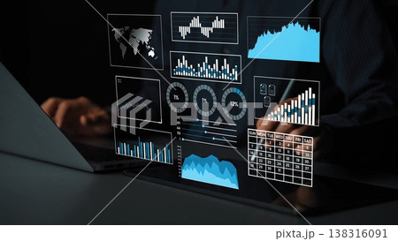 Futuristic Data Visualization with Graphs and Metrics Displayed on Laptop Screen in Dark Environment, Analyzing Business Insights and Trends Gluon Futuristic Data Visualization with Graphs and Metrics Displayed on Laptop Screen in Dark Environment, Analyzing Business Insights and Trends Gluon 138316091