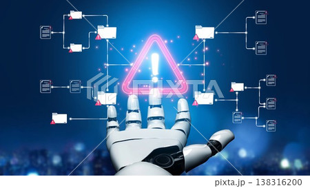 A futuristic robot hand interacts with a warning sign in a high-tech digital landscape filled with flowcharts, representing advanced technology and safety alerts in automation. Sigmoid 138316200